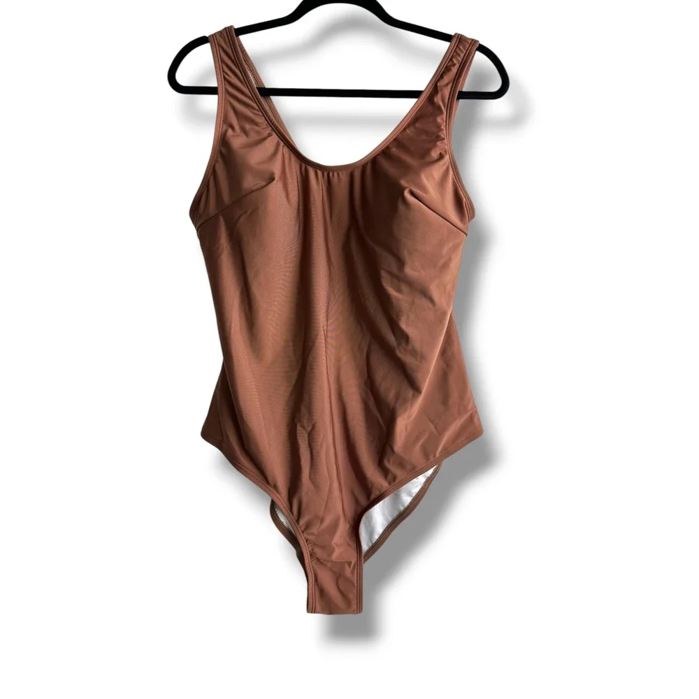 Brown Scoop Neck High Cut One Piece Swimsuit Size 2XL Minimalist Swimwear